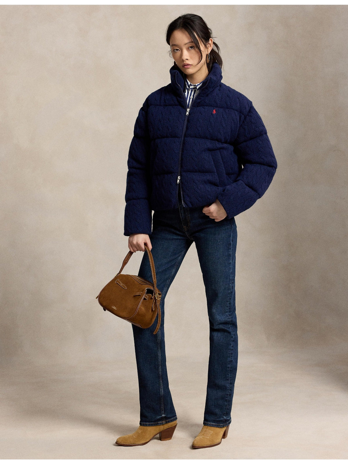 RALPH LAUREN WOMEN Cable Wool-Cashmere Puffer Jacket Spring Navy Heather
