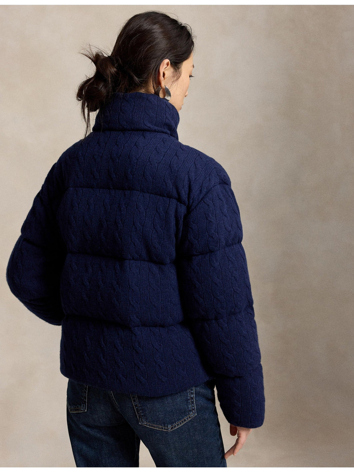 RALPH LAUREN WOMEN Cable Wool-Cashmere Puffer Jacket Spring Navy Heather