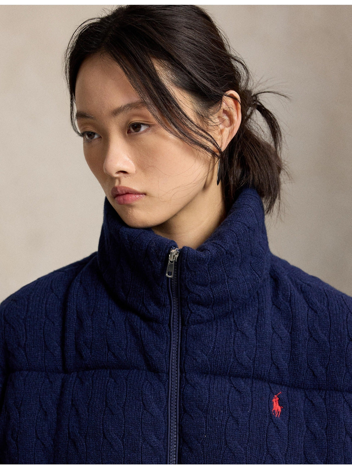 RALPH LAUREN WOMEN Cable Wool-Cashmere Puffer Jacket Spring Navy Heather