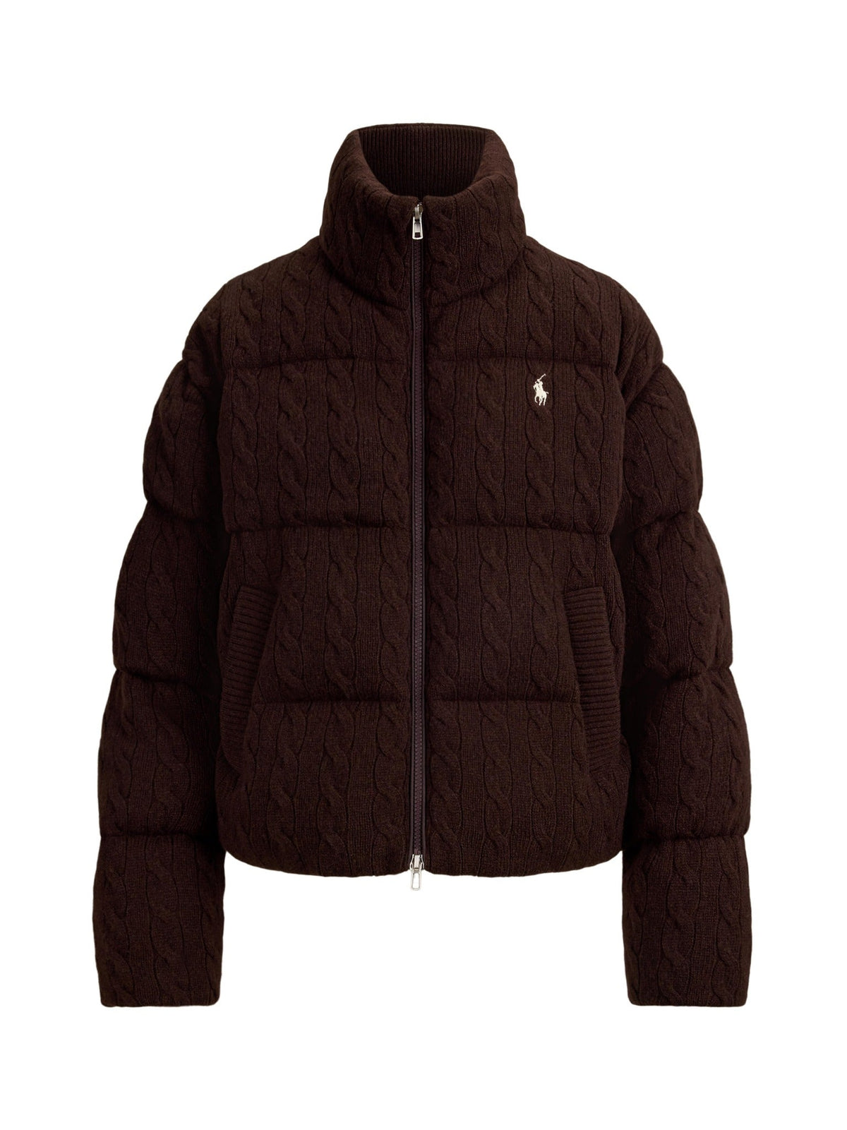 RALPH LAUREN WOMEN Cable Wool-Cashmere Puffer Jacket Walnut Brown Melange