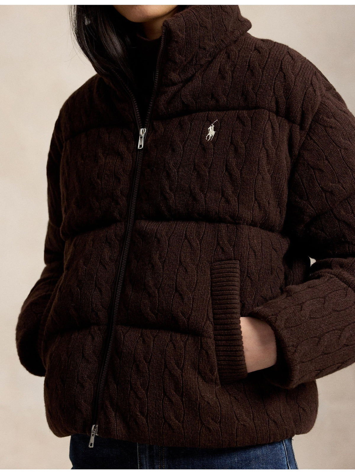 RALPH LAUREN WOMEN Cable Wool-Cashmere Puffer Jacket Walnut Brown Melange
