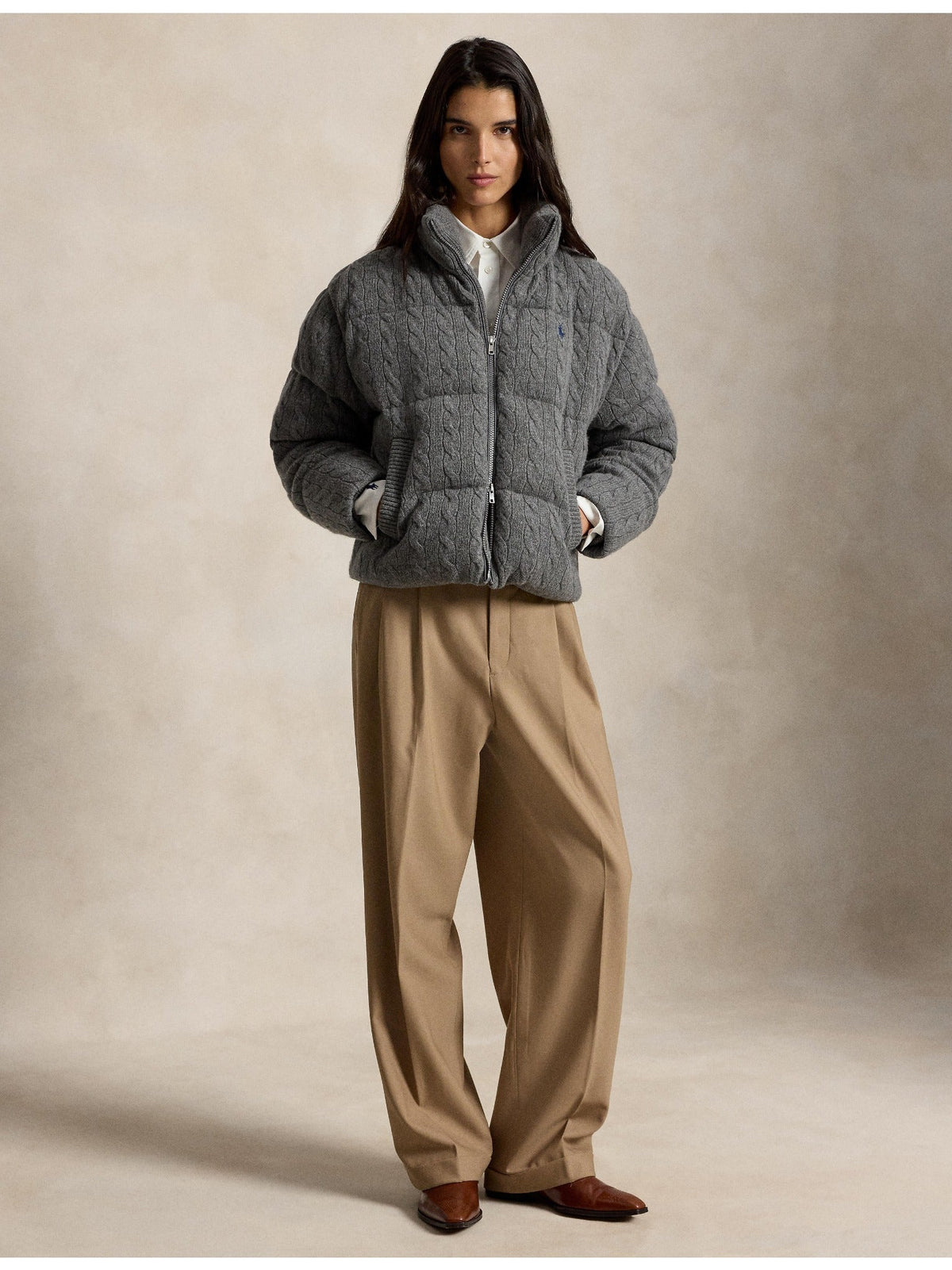RALPH LAUREN WOMEN Cable Wool-Cashmere Puffer Jacket Flannel Grey Heather