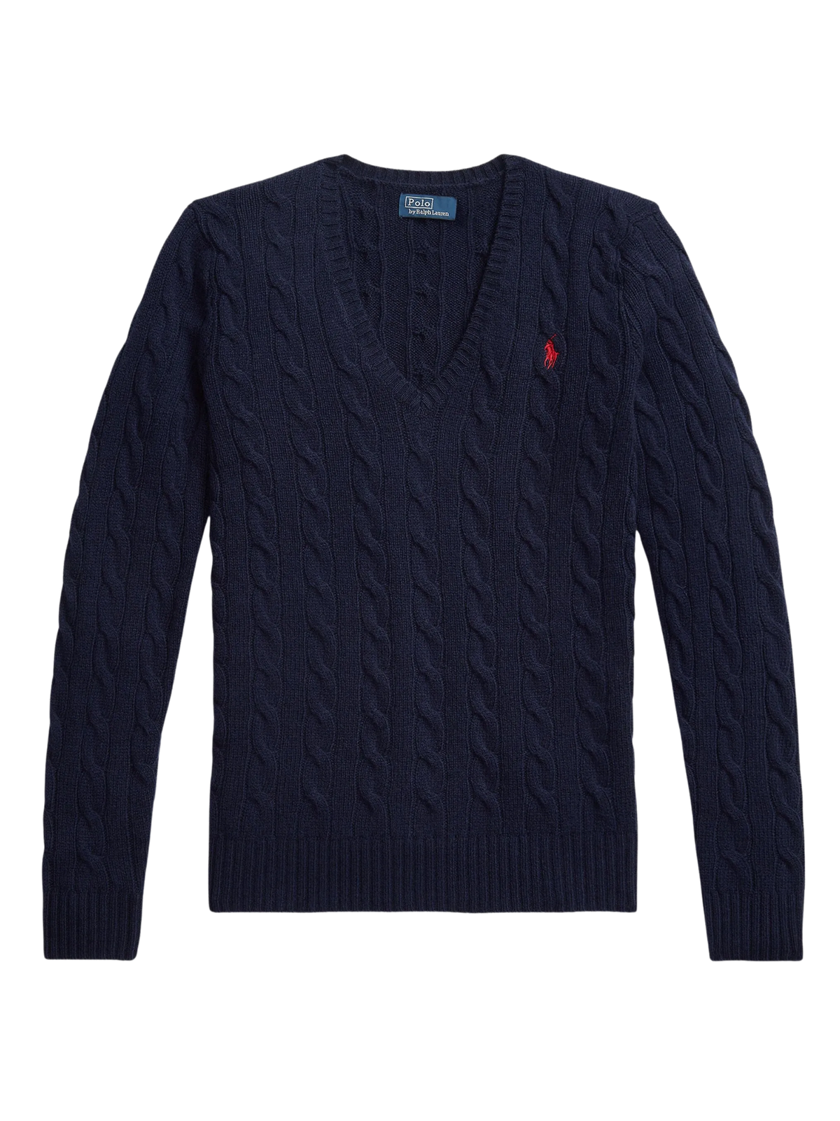 RALPH LAUREN WOMEN Cable-Knit Wool-Cashmere V-Neck Sweater Hunter Navy