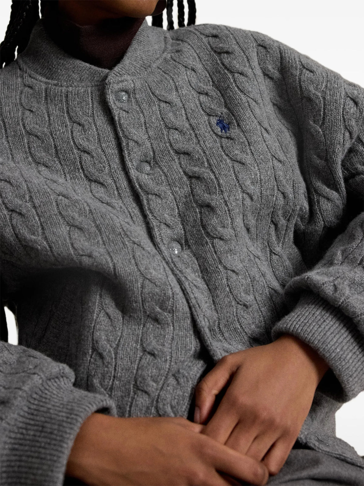 RALPH LAUREN WOMEN Cable-Knit Wool-Cashmere Snapped Jacket Flannel Grey Heather