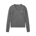 Polo Ralph Lauren White Pony Embroidered Cable‑Knit V‑Neck Sweater, Dark Grey Women Knit Jumper