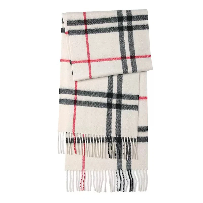 Burberry Unisex Wool Scarf, Classic Check Tassel, Ivory