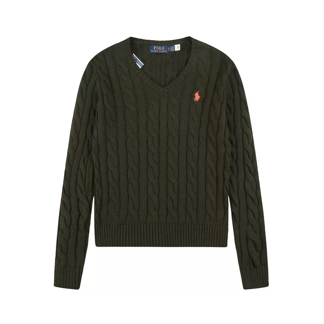 Polo Ralph Lauren Orange Pony Embroidered Cable‑Knit V‑Neck Sweater, Olive Green Women Knit Top